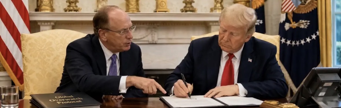 Larry Fink and Donald Trump signing the Global Overwatch Protocol